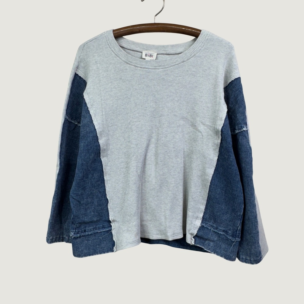 BIBI Waffle Knit Denim Patchwork Top Small Gray Blue Mixed Media Boho Relaxed